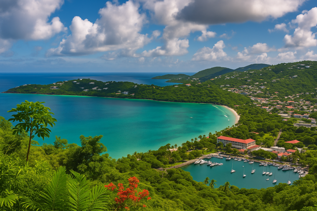 Panoramic view of Magens Bay in St. Thomas with lush green hills, turquoise waters, white sandy beach, and Charlotte Amalie’s colorful buildings along the coast.