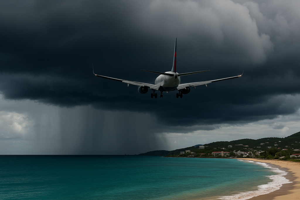 Airplane flying over turquoise waters toward St. Thomas under dark storm clouds with heavy rain visible in the distance, symbolizing hurricane season travel risks.