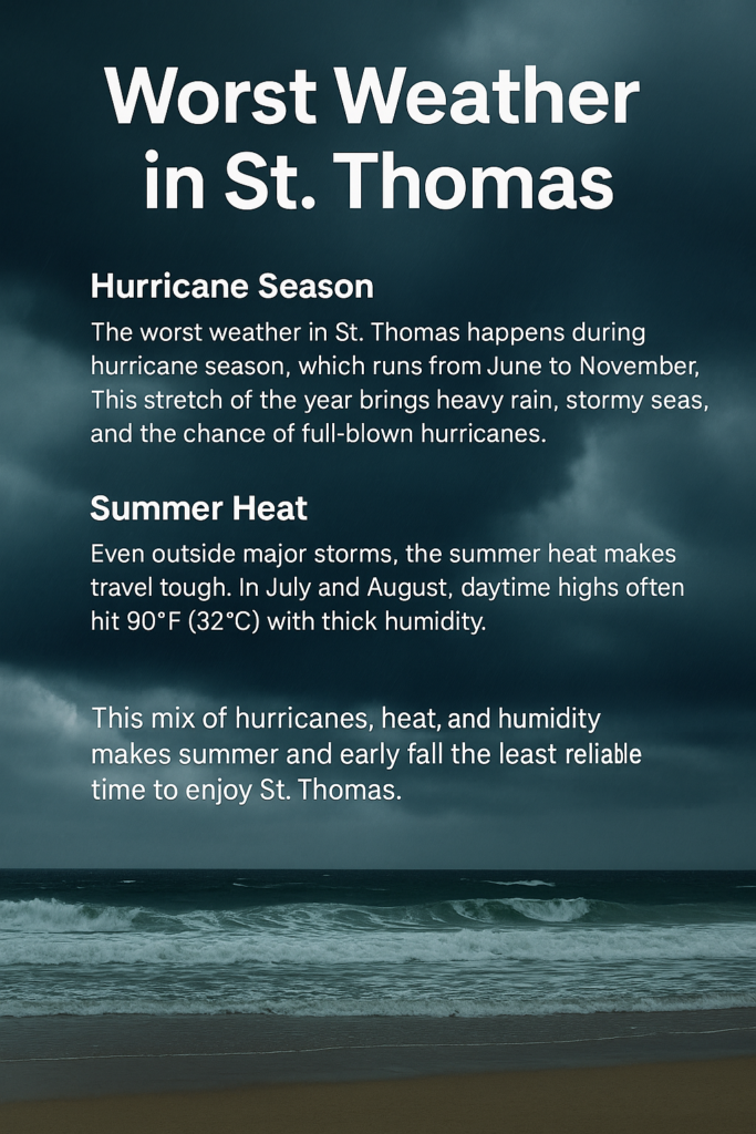 Stormy beach scene in St. Thomas with dark clouds, rough waves, and infographic text highlighting hurricane season, summer heat, and travel risks.