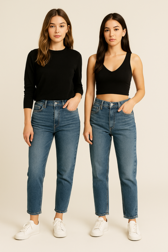 Two petite women modeling slim boyfriend jeans with tapered legs and narrow cuffs, paired with casual black tops and white sneakers against a neutral backdrop.