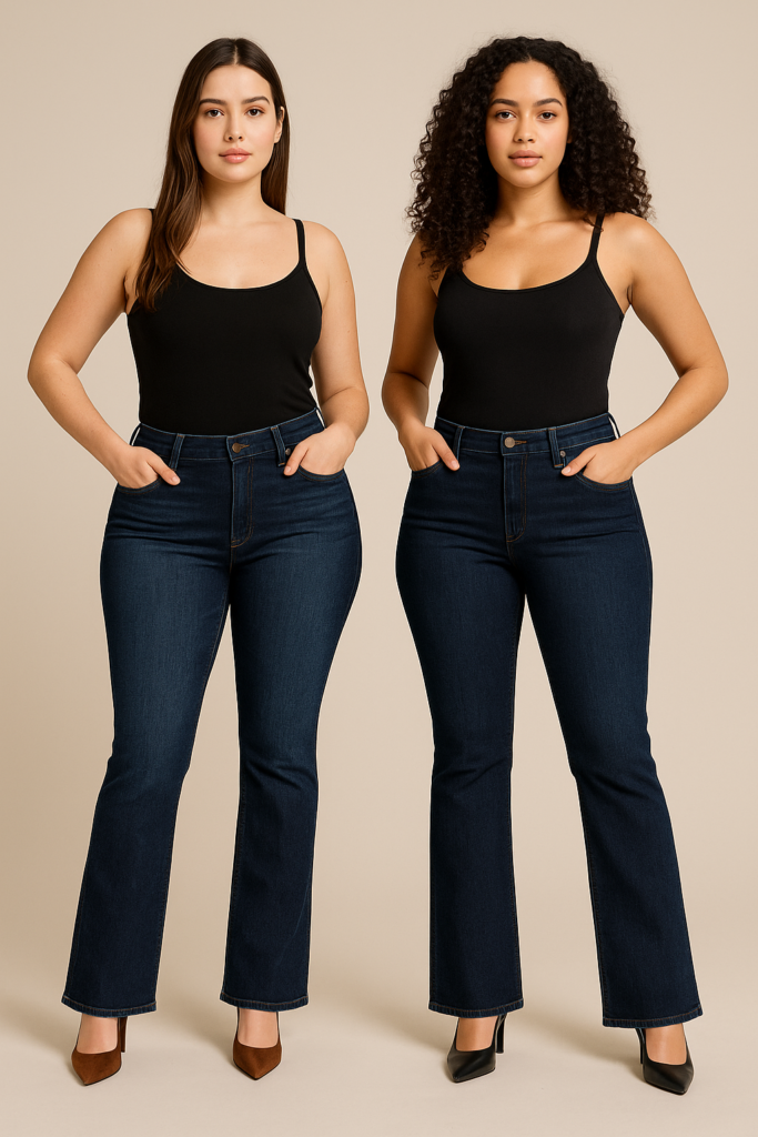 Two petite women with curvy builds modeling dark-wash bootcut jeans and black tops, showcasing slim flares that balance proportions against a neutral background.